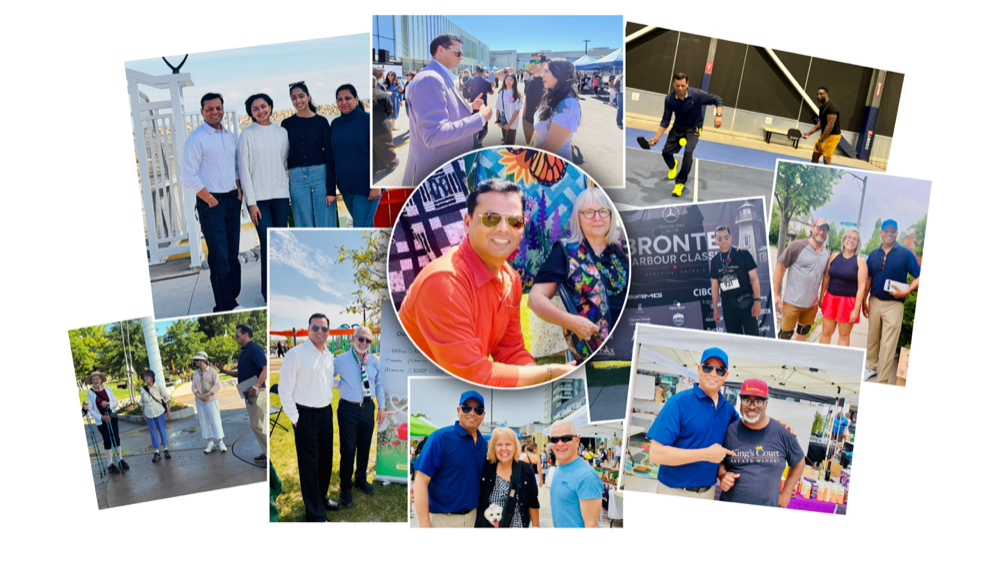 A collage of photos of Arvind Choudhary out in Oakville: at the harbour, playing pickleball, walking with residents, and talking with neighbours at markets and community events.